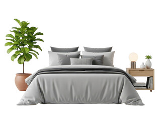 Modern Bedroom Setup with Grey Bedding and Decorative Bedside Table