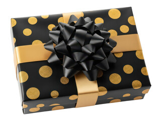 Elegant gift box wrapped in black and gold polka dot paper with a large bow