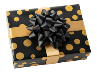 Elegant gift box wrapped in black and gold polka dot paper with a large bow