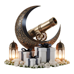 Golden Ramadan Cannon Crescent Moon Islamic Decoration Isolated Transparent Background