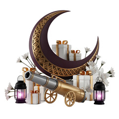 Golden Ramadan Cannon Crescent Moon Islamic Decoration Isolated Transparent Background