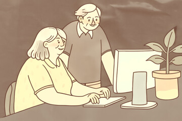 Old gray-haired grandfather and grandmother looking at computer on laptop screen