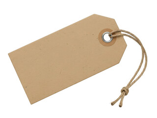 Brown paper tag with jute string hanging isolated on white background