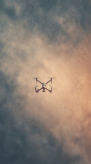 Drone In Dusk, Silhouette Of Drone Suspended In Moody Evening Sky With Cinematic Atmosphere