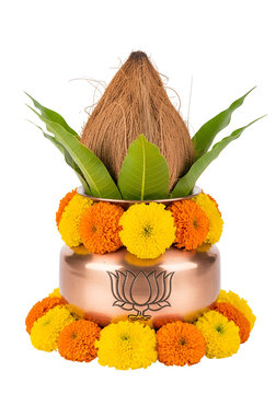 Traditional Hindu puja kalash with lotus symbol isolated PNG, sacred ritual arrangement with coconut and mango leaves for festivals