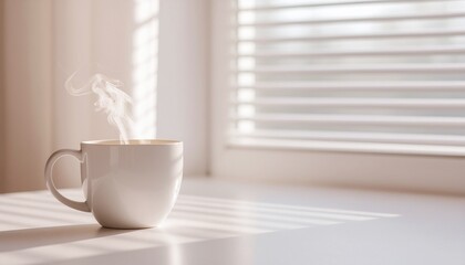 湯気立つ白いマグカップと朝の光（ミニマリスト・4Kリアリスティック）／Steaming White Mug in Morning Light (Minimalist, 4K Realistic)
