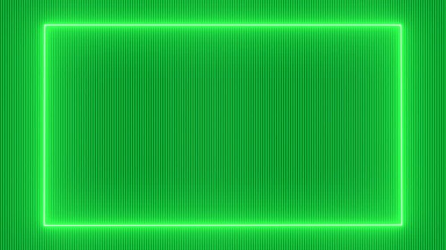 Abstract futuristic green neon rectangular frame on vertical lines background with copy space