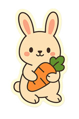 Obraz premium Cute cartoon vector illustration of a happy white easter bunny with a pink egg and a funny hare rabbit holding a carrot, isolated animal character for a spring holiday art