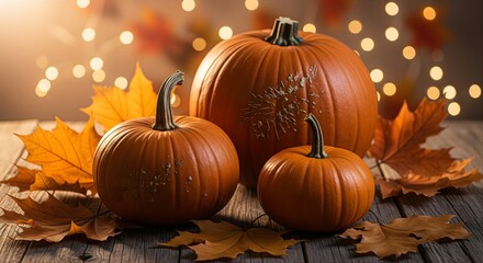 Fall Season Three Pumpkins Arrangement with Maple Leaves and Fairy Lights Still Life Close Up Autumn Harvest Thanksgiving Day Decoration Festive Background