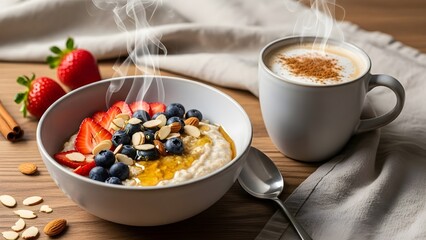 Steaming bowl of oatmeal with strawberries blueberries almonds and honey next to a cup of coffee on a wooden table