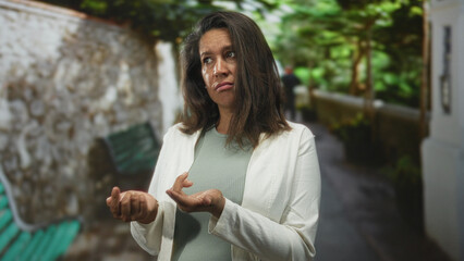 Brunette middle age woman picking at her fingers in a narrow stone street, looking down with a frown; hesitation worry concern.