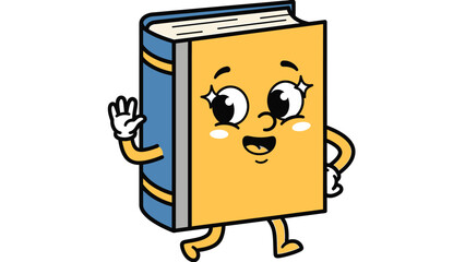 Animated book character waving hello with a happy expression on its face.