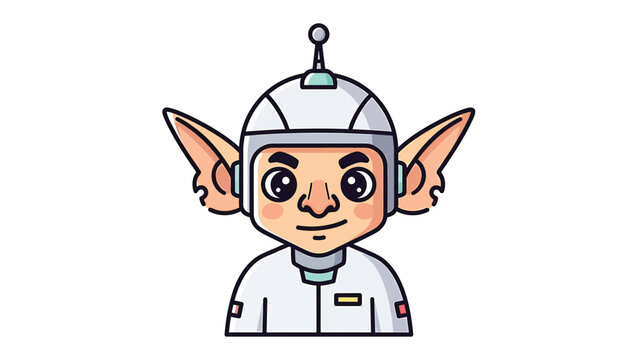 Cartoon astronaut elf with big ears and a futuristic helmet smiling.