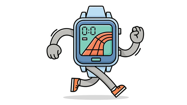 Animated smartwatch character running on a track, fitness and technology concept.