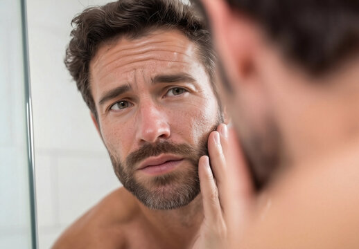 Handsome  bearded man touching his face in the mirror with a worried expression, checking wrinkles and aging skin