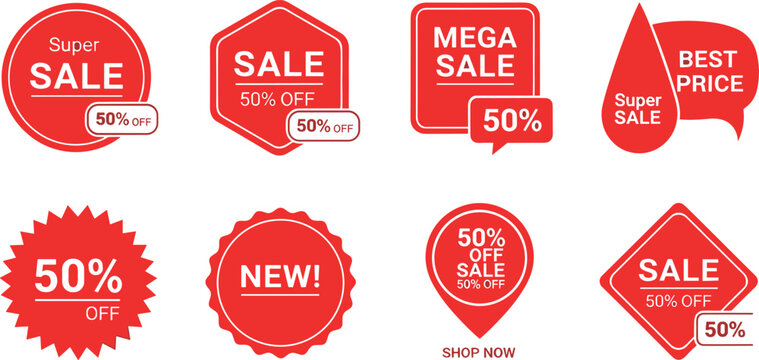 Red promotional sale badge set featuring super sale mega sale fifty percent off and best price discount stickers