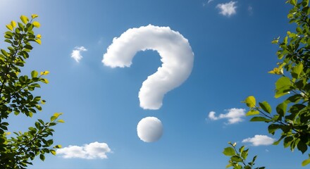 Question mark cloud against blue sky between green trees representing concepts of doubt uncertainly query or asking for information to solve challenge and finding the truth