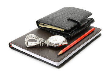 Business Accessories with Wallet, Watch, Pencil, and Planner Arranged on White Background for Office and Productivity Themes