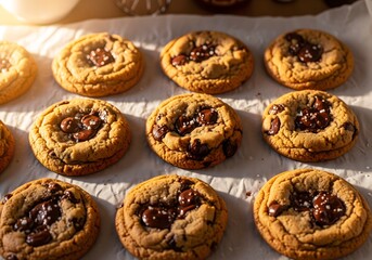 Freshly baked chocolate chip cookies with sea salt on parchment paper, warm golden lighting, top-down view