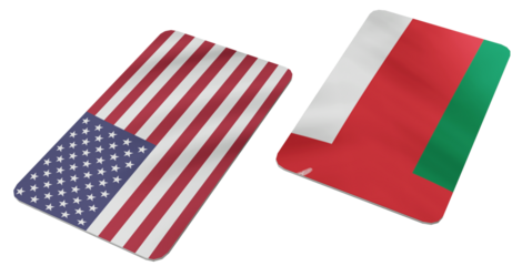 Flags of the United States of America and Oman Displayed Side by side on Rounded Rectangles Representing Bilateral Relations and Global Partnership