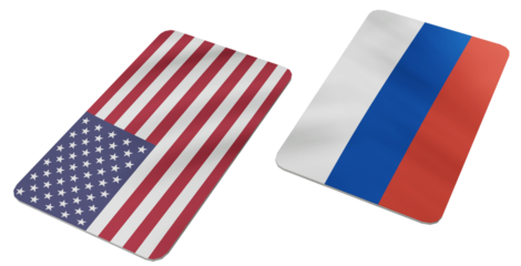 Two Stylized Flag Icons, Representing the United States and Russia, Positioned Facing Each Other on a Textured Gray Background, Symbolizing International Relations