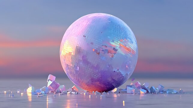 Disco Ball on Reflective Surface with Shattered Pieces and Sunset Sky shattering breaking photo