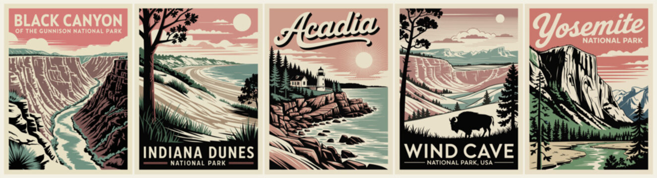 Horizontal set of five vintage style national park posters with minimalist art deco landscapes including Indiana Dunes, Black Canyon,  Acadia  Wind Cave and Yosemite.