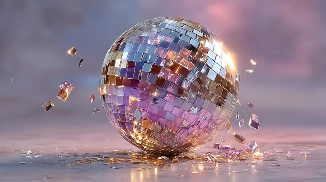 Disco Ball with Exploding Fragments Against a Softly Lit Sky shattering breaking photo