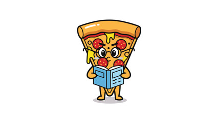 Fototapeta premium Cartoon pizza slice with glasses reading a book, studying and learning.