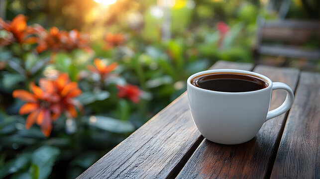 ssA white cup of coffee sits on a wooden table with a blurred green foliage backdrop and the sunlight illuminating the surface.