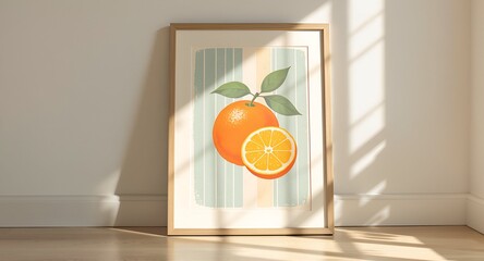 A minimalist vintage-style wall art illustration featuring a ripe orange fruit