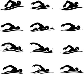 Obraz premium Professional Swimmer Silhouette Poses and Action Set