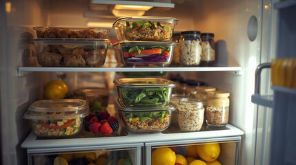  opening fridge. Several glass meal-prep containers are stacked neatly on the shelves, each filled with homemade healthy meals