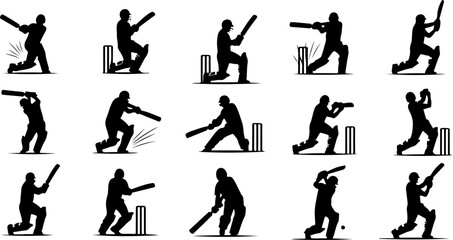 Fototapeta premium Cricket Wicket and Stumps Icon Set Silhouette Collection