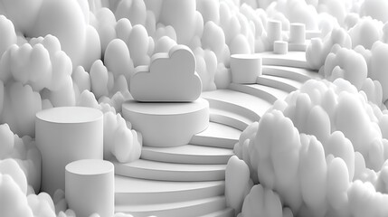 Obraz premium Photo White Cloudscape with Staircase Platforms and Cloud Icon Keywords: white, cloudscape, staircase, platforms, cloud, icon