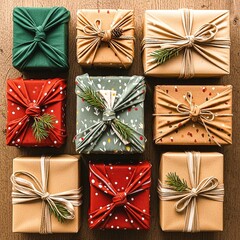 Zero-waste Christmas gift wrapping with recycled paper, fabric wraps, twine and greenery accents.