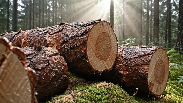 Stacked Rough Cut Pine Logs with Visible Bark Texture in a Sunlit Forest