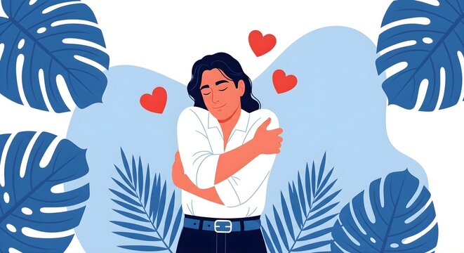 Self love is embracing yourself and your inner value a happy person hugging themself with love hearts floating around with tropical plants on a pale blue background