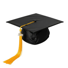 Graduation Mortarboard Cap with Yellow Tassel and Gold Year Charm isolated on transparent background