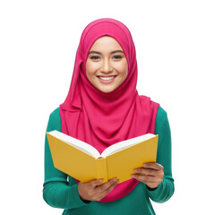 Cheerful Muslim Woman in Pink Hijab Holding an Open Book and Smiling isolated on transparent background