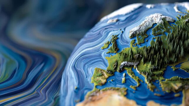 224Close-up 3D globe focusing on Europe, realistic terrain textures, lush green forests, sparkling water bodies, surrounded by vivid multicolor abstract background, blending scientifi