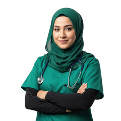 Professional Muslim Female Nurse in Green Hijab and Scrubs with Arms Crossed isolated on transparent background