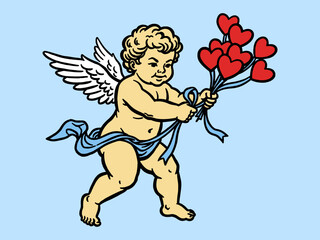 Vintage Cupid Illustration Holding Bouquet of Red Heart Balloons. Retro Cherub Drawing for Valentine's Day, Love, and Romance Designs.