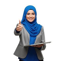 Professional Muslim Businesswoman in Hijab Giving Thumbs Up Holding Laptop isolated on transparent background