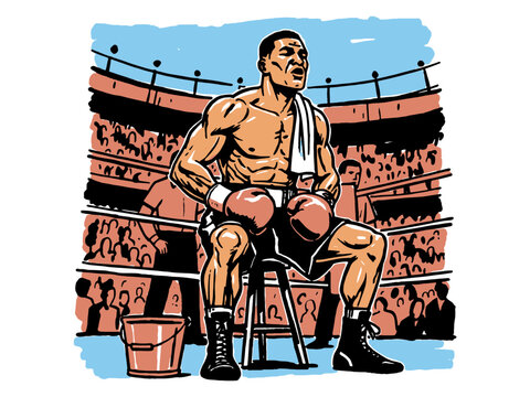 Graphic Illustration of Boxer Resting in the Corner of the Ring. Champion Fighter Taking a Break Between Rounds.