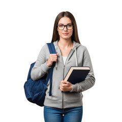 Portrait of Young Female College Student with Glasses Backpack and Book isolated on transparent background