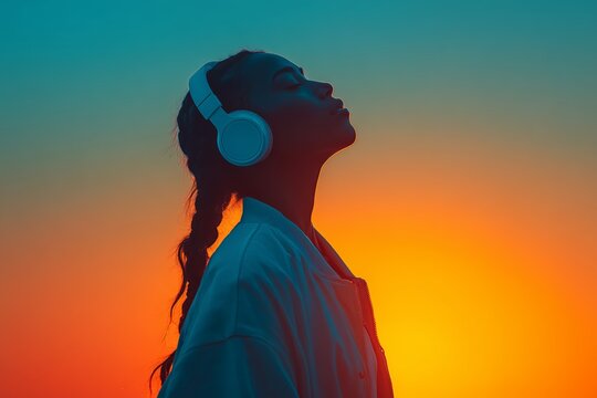Mujer joven escuchando m&uacute;sica con auriculares al atardecer, Imagen de marca para app de m&uacute;sica, Mockup para publicidad de auriculares inal&aacute;mbricos, cancelaci&oacute;n de ruido