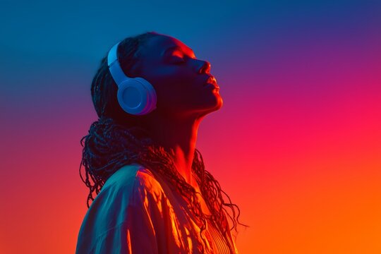 Mujer con auriculares escuchando m&uacute;sica en ambiente colorido, Mockup para campa&ntilde;a de auriculares inal&aacute;mbricos, Imagen para publicidad de audio inmersivo