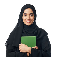 Portrait of a Beautiful Muslim Woman in Black Hijab Holding a Green Book isolated on transparent background