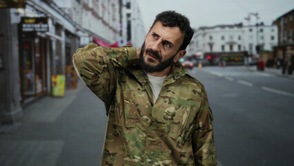 Fototapeta premium Hispanic military man with beard in uniform stands outdoors on a busy street looking pained while rubbing his neck.